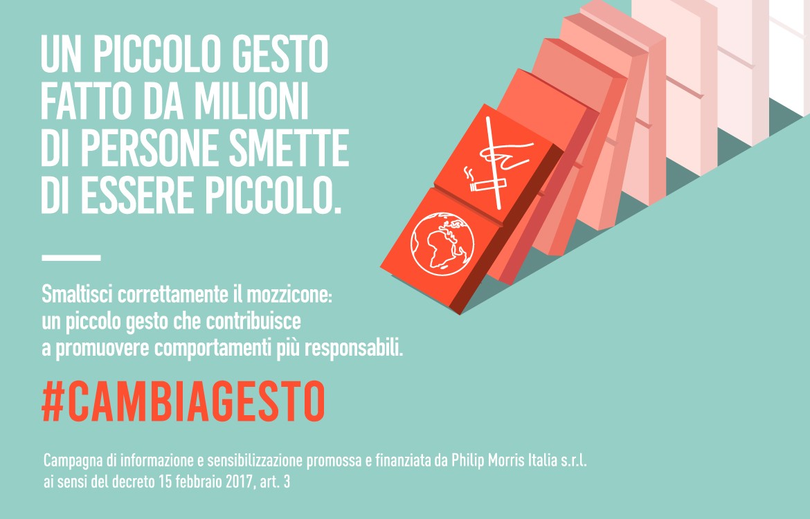 Banner della campagna #CambiaGesto che invita a smaltire correttamente i mozziconi di sigaretta per promuovere comportamenti più responsabili.
